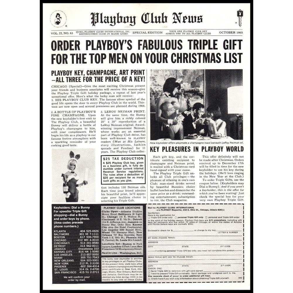 1965 Playboy Club News October Vintage Print Ad Newspaper Style Wall Art